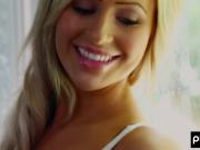 Blonde teen Carly Madison with small tits showing a hot striptease