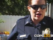 Perverted officer spreads her colleagues pussy for a big cock