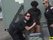 Cock hungry female cops take a huge dick of a black felon and blows it