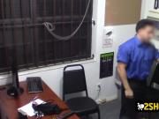 Horny cop is banging a petite teen thief in his office.