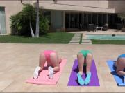 Besties have fun during yoga and fucked by the coach