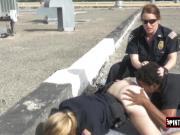Interracial hardcore sex on the rooftop between two slutty female cops and a big black cock.