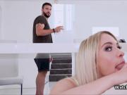 Blonde on cock behind room mate