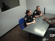 Black suspect got arrested and fucked by two horny slutty cops in the interrogation room.