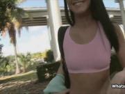Sporty teen flashes and blows outdoors for money