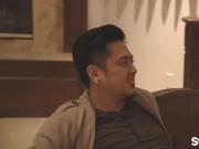 Submissive blonde relaxes and gets fucked by horny guys during swinger party