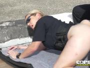 Busty dominant cops hide a big black cock in a rooftop just to taste it