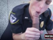 Slutty blonde with big tits is sucking a big black cock in public.