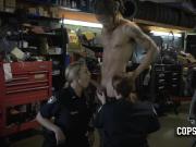 Mechanic shop owner gets his cock sucked and ridden by milf cops