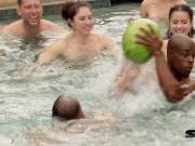 Couples get together in the pool for hot foreplay before the party starts