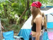 Hot camping teens fucked a homeless in a tent outdoor