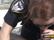 Pervert is subdued into stuffing milf cops cunt deep on a rooftop