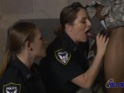Interracial threesome with horny cops at a warehouse with a black military dude and his massive cock