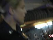 Horny cop makes mechanic dive between her tits before fucking her pussy