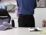 A sex deal with a hot blowjob by a petite brunette teen thief.