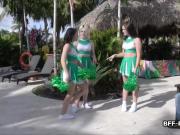 Three cheerleaders seducing the judge to secure a win