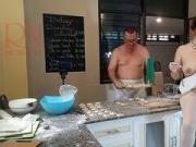 Nudist housekeeper Regina Noir cooking in the kitchen. Naked maid makes dumplings....