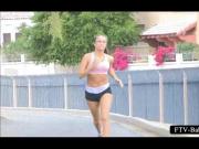 Sexy amateur sporty babe jogging topless in public