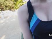 Teen ginger ass on black dark by the pool