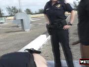 Horny breasty cops put a condom on a long and fat BBC