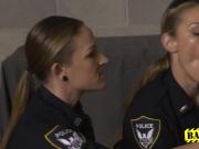 Fake black soldier is having a good time with these two sexy MILFs at police station.