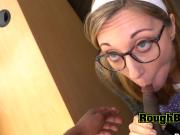 Director subdues nerdy chick into some interracial action at interview