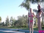 Horny college teens having a foursome outdoors by the pool