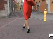 Woman In A Red Dress Walking Around