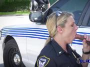 BUSTY bisexual UNIFORMED fems ride BIG BLACK COCK outdoors