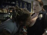 BBC enjoys fucking with two busty and horny female cops at his garage.