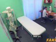 Sexy blonde nurse spreads her long legs and gets fucked