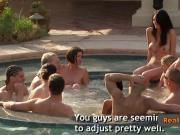 Joe and Kristen go for a dip in the hot tub with other naked couples