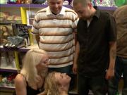 Blonde slave anal fucked in Bday shop