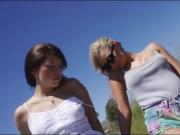 Hitchhiker Ally fucked until she squirts while Angie watches