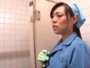 Nasty Asian babe is cleaning the office, she goes to to