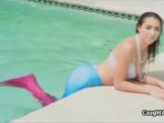 Wet mermaid on big cock by the pool