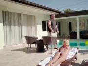 Blonde teen bangs pool guy in backyard