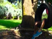 Ebony banged in swinging tyre outdoor