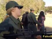 Foxy girls fuck in steamy threesome with border patrol