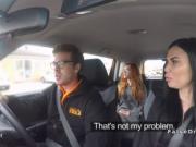 Redhead in threesome in fake driving school