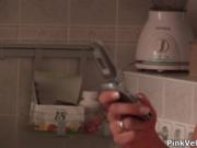 Two busty lesbians get horny in the kitchen and goes to