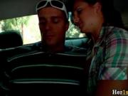 Very sexy brunette teen babe sucking big cock in car by