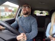 Inked bearded guy bangs busty blonde in car