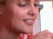 Nasty blond girl Sasha fucks her wet shaved twat with b