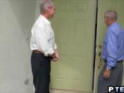 Lovely teen pleasing two old guys