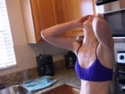 Teen girlfriend in leggings bangs on the sofa