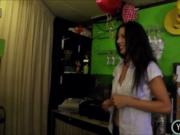Tight bar employee Alexa Tomas flashes her tits and nai