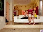 Three tight teens intimate lesbian action on the couch