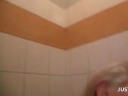 Chesty blonde fucks stranger in public toilet