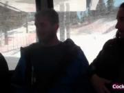 These girls are in the ski lift with this guys and they